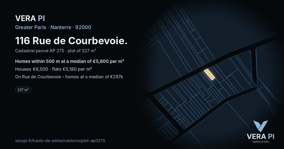 116 Rue de Courbevoie, Nanterre at night – the plot lit, the parcels around coloured by the prices near them