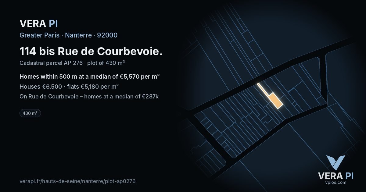 114 bis Rue de Courbevoie, Nanterre at night – the plot lit, the parcels around coloured by the prices near them