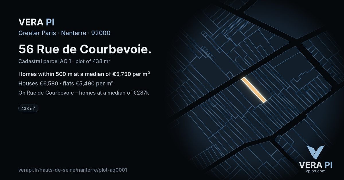 56 Rue de Courbevoie, Nanterre at night – the plot lit, the parcels around coloured by the prices near them