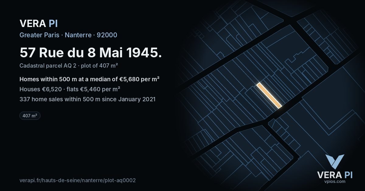 57 Rue du 8 Mai 1945, Nanterre at night – the plot lit, the parcels around coloured by the prices near them