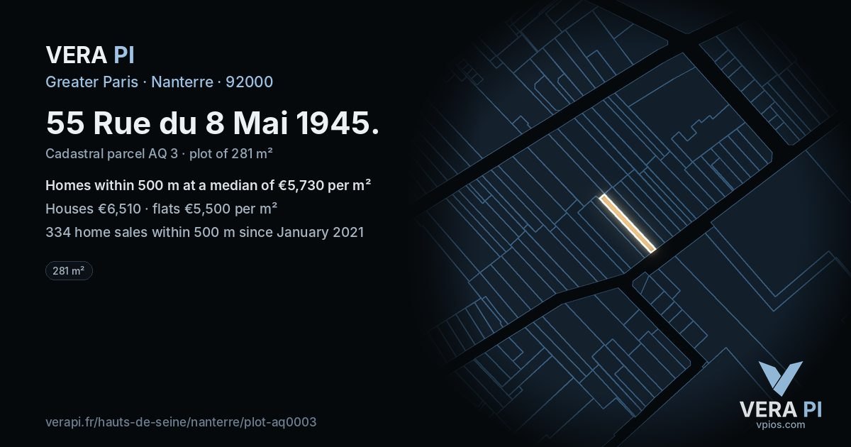 55 Rue du 8 Mai 1945, Nanterre at night – the plot lit, the parcels around coloured by the prices near them