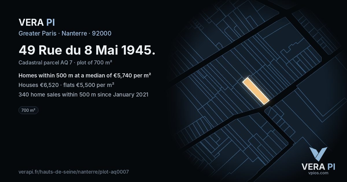 49 Rue du 8 Mai 1945, Nanterre at night – the plot lit, the parcels around coloured by the prices near them