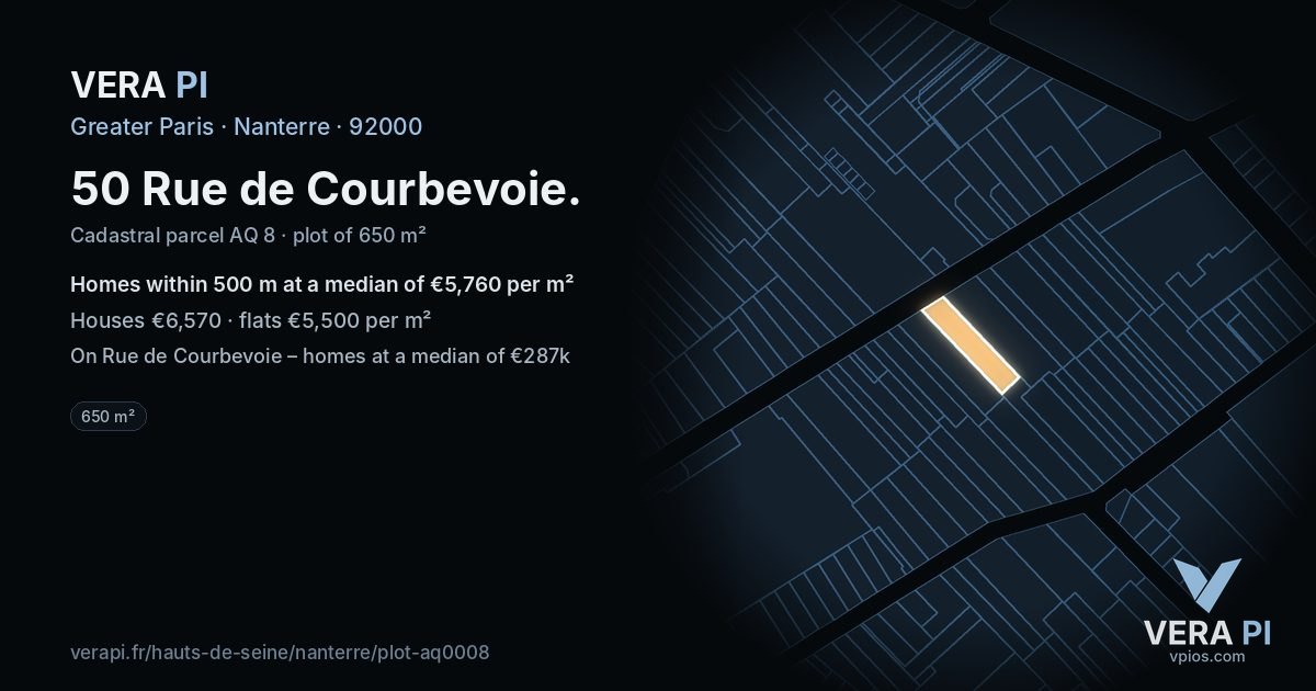 50 Rue de Courbevoie, Nanterre at night – the plot lit, the parcels around coloured by the prices near them