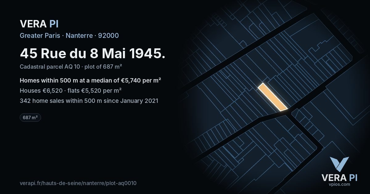 45 Rue du 8 Mai 1945, Nanterre at night – the plot lit, the parcels around coloured by the prices near them
