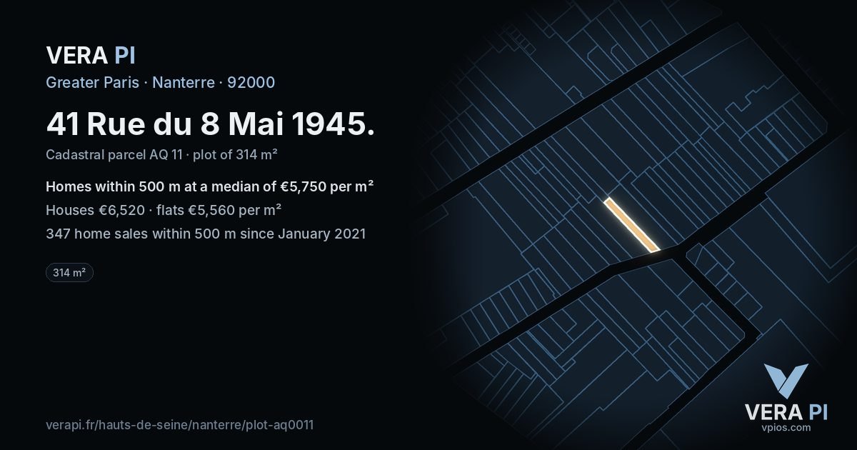 41 Rue du 8 Mai 1945, Nanterre at night – the plot lit, the parcels around coloured by the prices near them