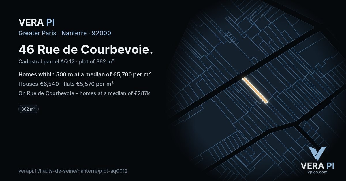 46 Rue de Courbevoie, Nanterre at night – the plot lit, the parcels around coloured by the prices near them
