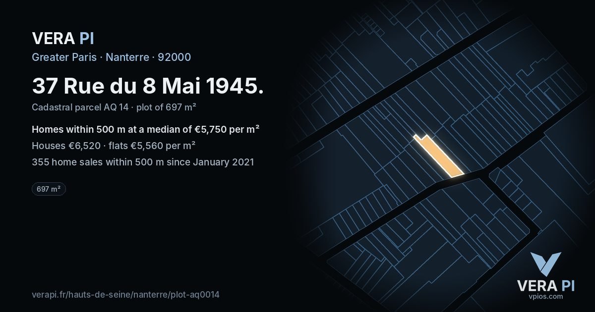 37 Rue du 8 Mai 1945, Nanterre at night – the plot lit, the parcels around coloured by the prices near them