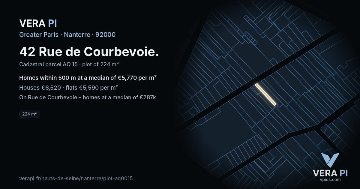 42 Rue de Courbevoie, Nanterre at night – the plot lit, the parcels around coloured by the prices near them