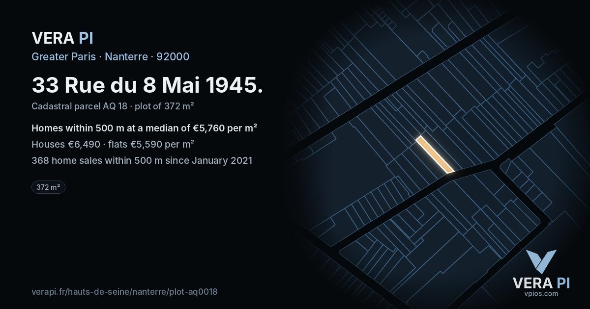 33 Rue du 8 Mai 1945, Nanterre at night – the plot lit, the parcels around coloured by the prices near them