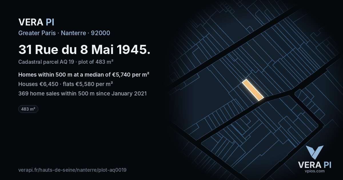 31 Rue du 8 Mai 1945, Nanterre at night – the plot lit, the parcels around coloured by the prices near them