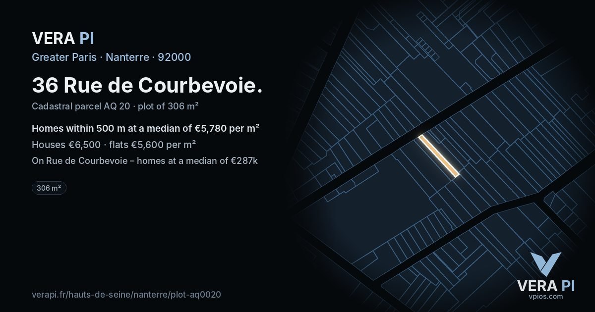 36 Rue de Courbevoie, Nanterre at night – the plot lit, the parcels around coloured by the prices near them