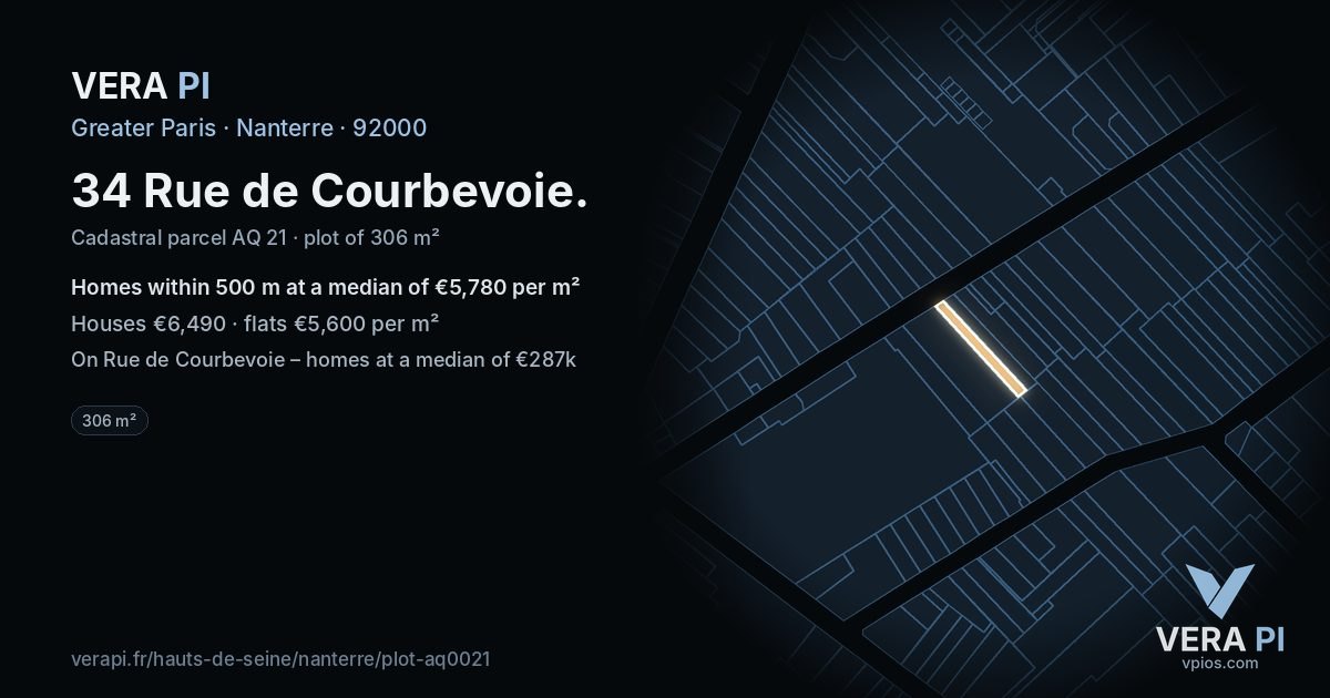 34 Rue de Courbevoie, Nanterre at night – the plot lit, the parcels around coloured by the prices near them