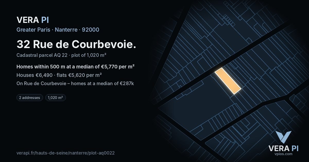 32 Rue de Courbevoie, Nanterre at night – the plot lit, the parcels around coloured by the prices near them