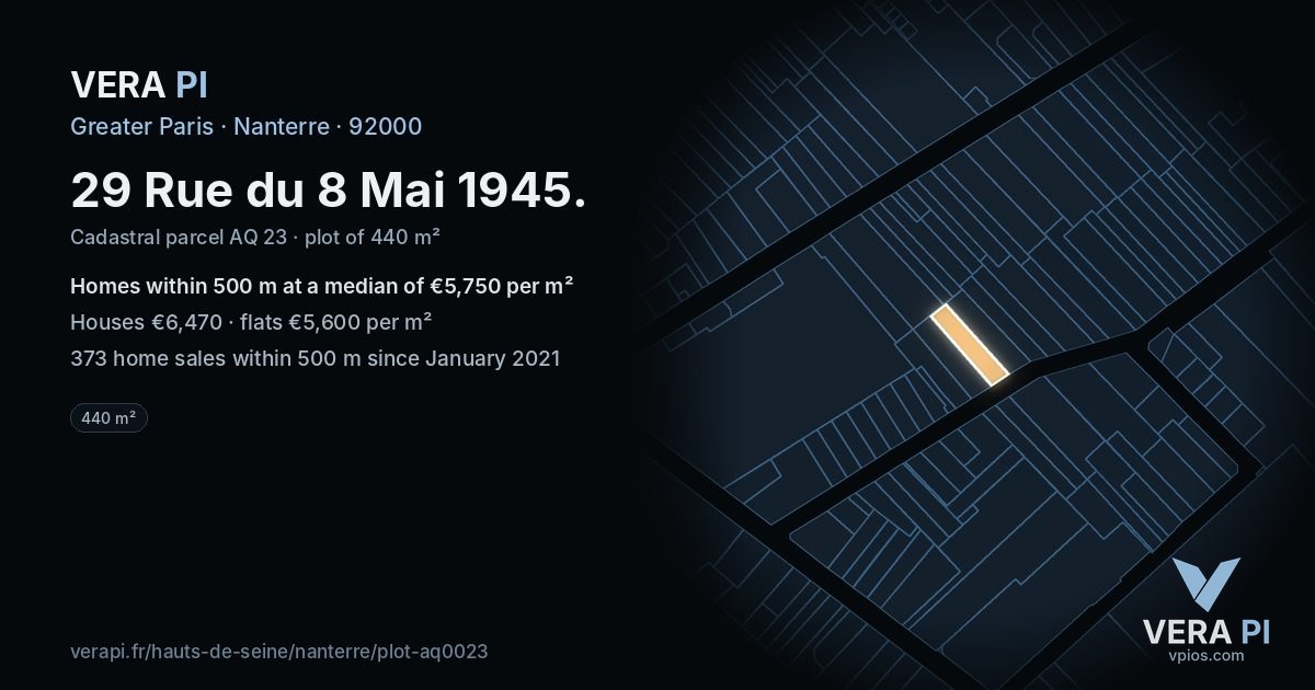29 Rue du 8 Mai 1945, Nanterre at night – the plot lit, the parcels around coloured by the prices near them