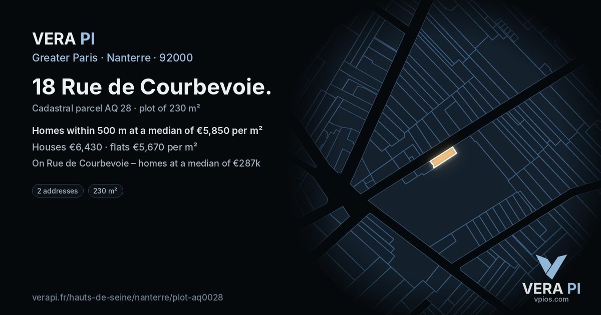 18 Rue de Courbevoie, Nanterre at night – the plot lit, the parcels around coloured by the prices near them