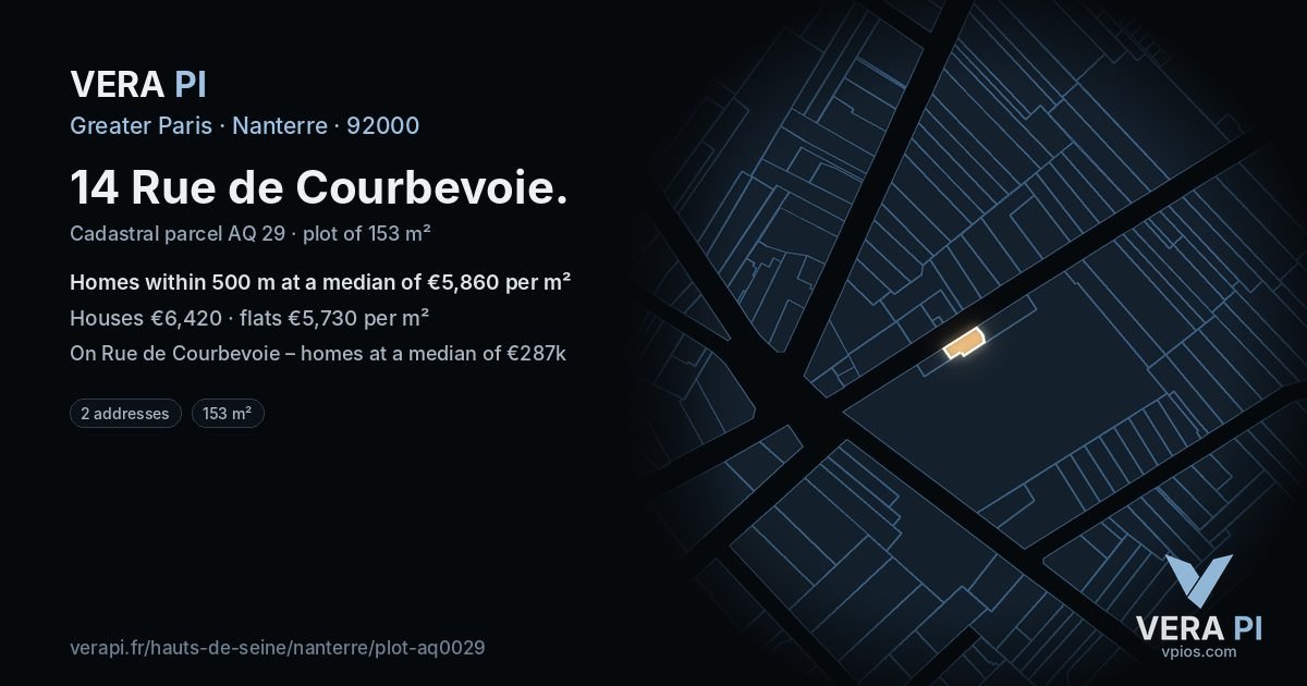 14 Rue de Courbevoie, Nanterre at night – the plot lit, the parcels around coloured by the prices near them