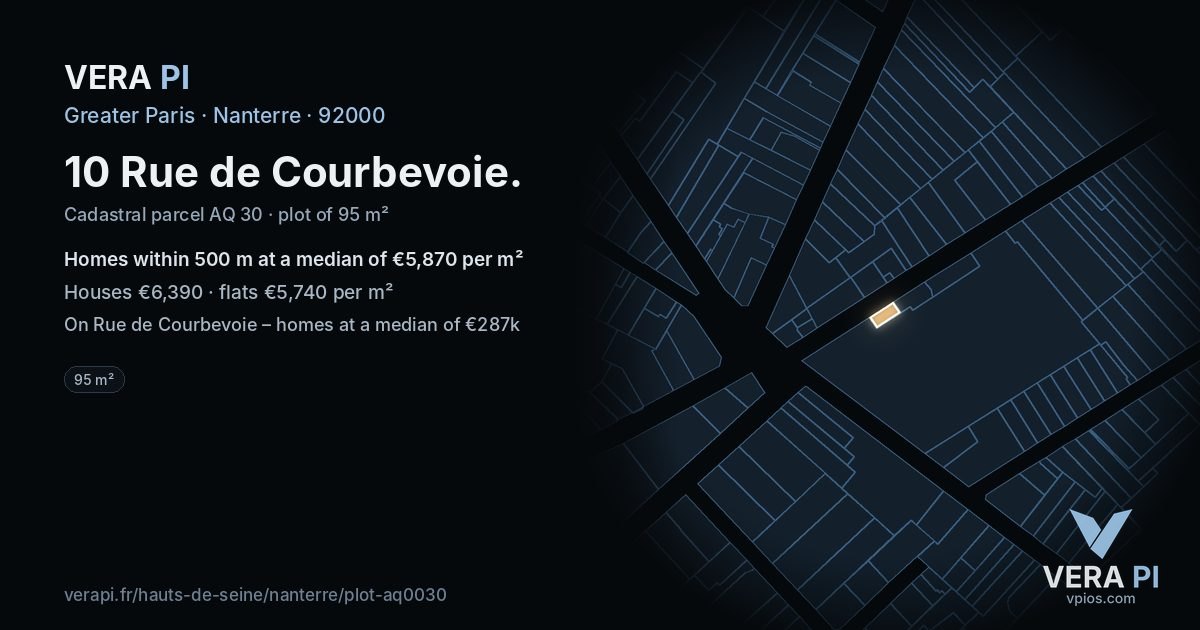 10 Rue de Courbevoie, Nanterre at night – the plot lit, the parcels around coloured by the prices near them