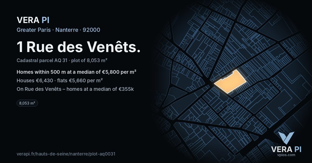 1 Rue des Venêts, Nanterre at night – the plot lit, the parcels around coloured by the prices near them