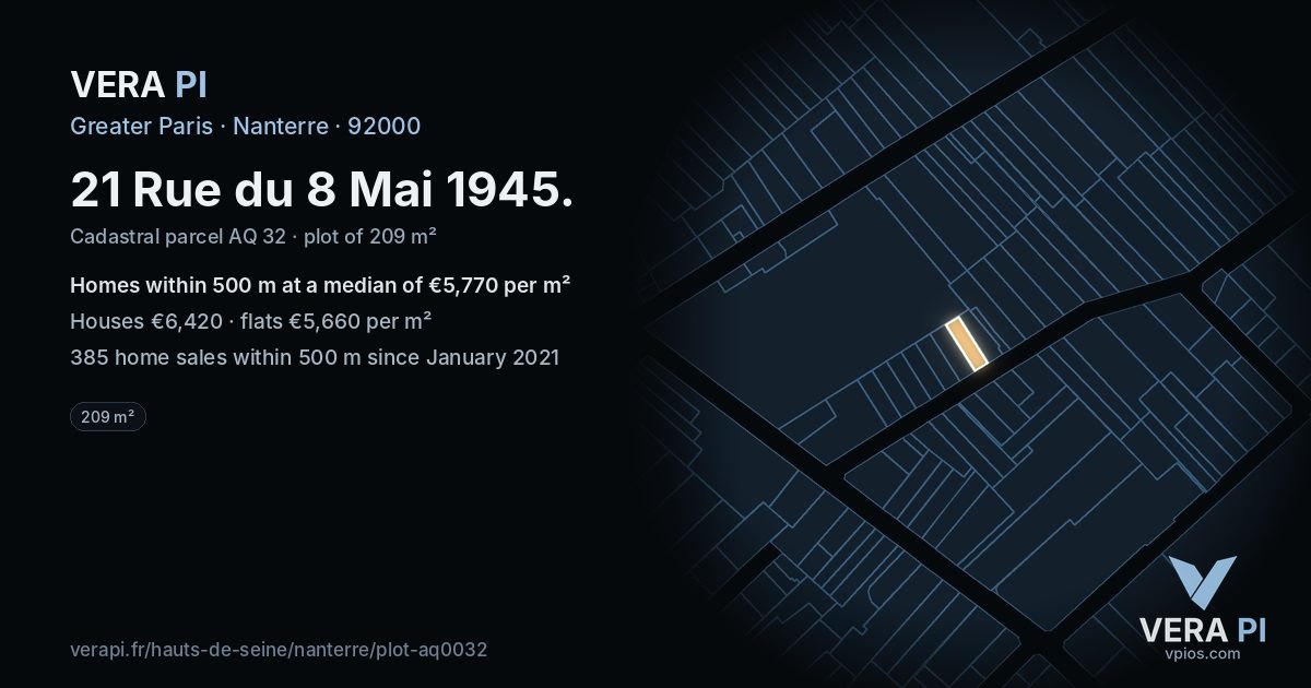 21 Rue du 8 Mai 1945, Nanterre at night – the plot lit, the parcels around coloured by the prices near them