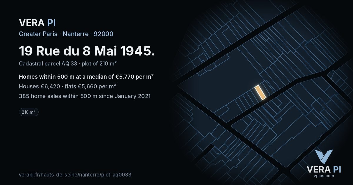19 Rue du 8 Mai 1945, Nanterre at night – the plot lit, the parcels around coloured by the prices near them