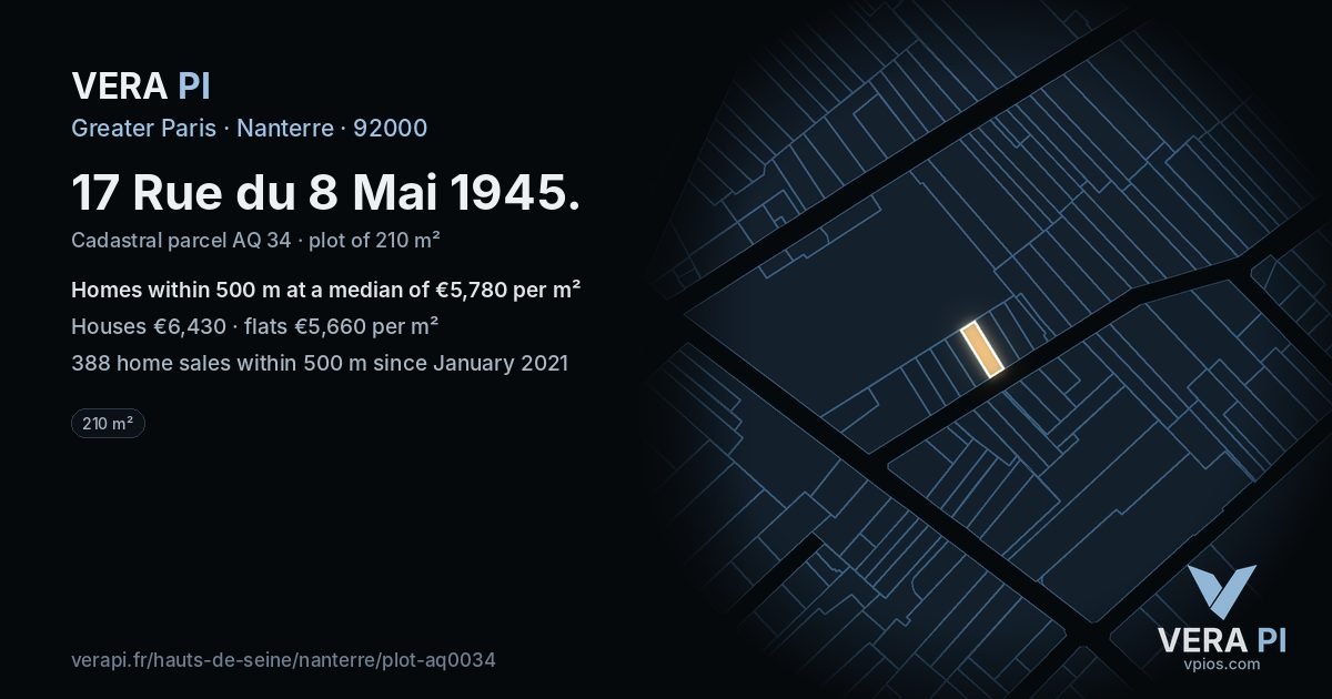 17 Rue du 8 Mai 1945, Nanterre at night – the plot lit, the parcels around coloured by the prices near them