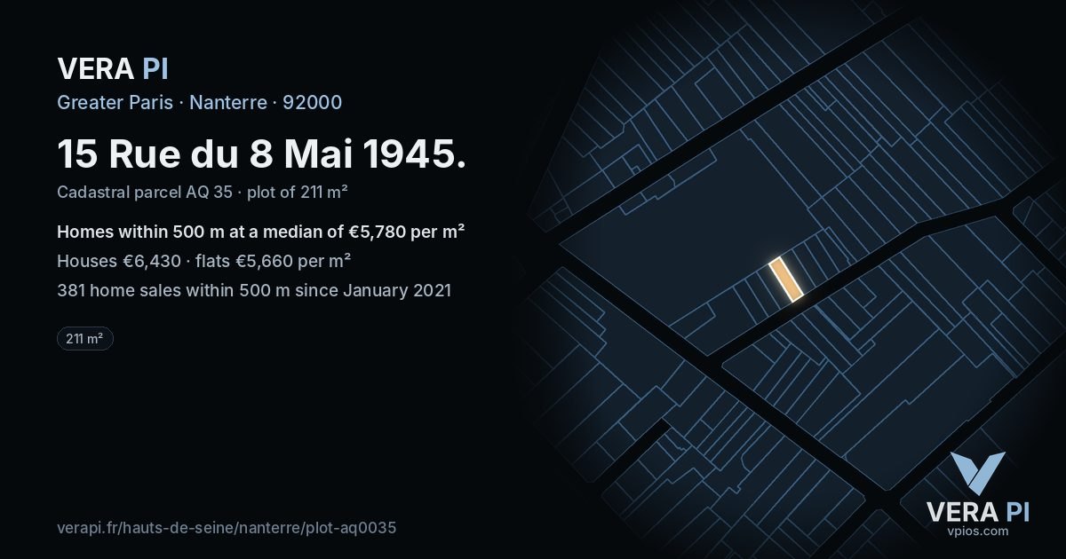 15 Rue du 8 Mai 1945, Nanterre at night – the plot lit, the parcels around coloured by the prices near them