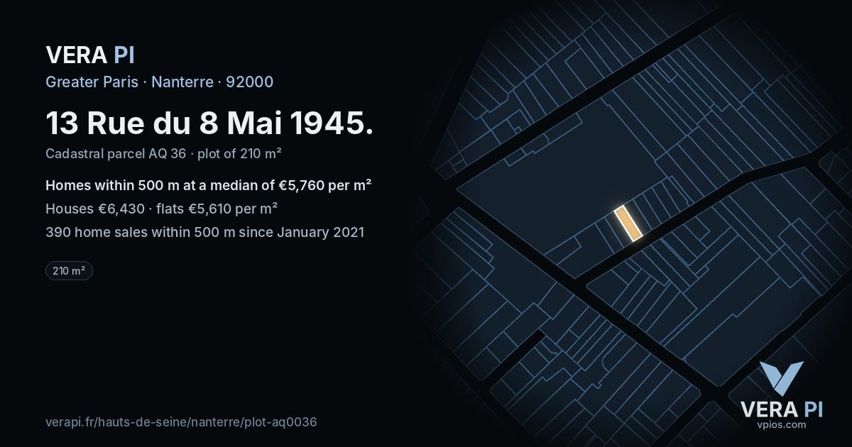 13 Rue du 8 Mai 1945, Nanterre at night – the plot lit, the parcels around coloured by the prices near them