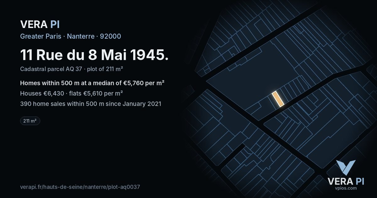 11 Rue du 8 Mai 1945, Nanterre at night – the plot lit, the parcels around coloured by the prices near them