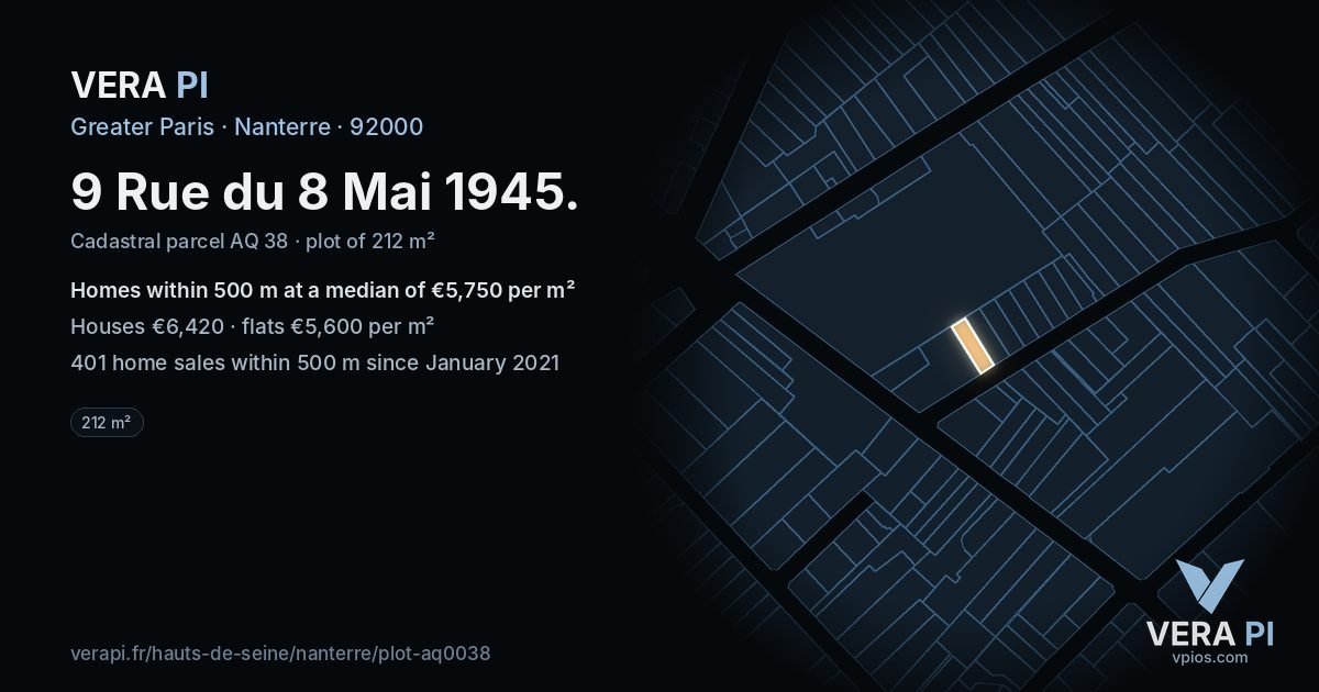 9 Rue du 8 Mai 1945, Nanterre at night – the plot lit, the parcels around coloured by the prices near them