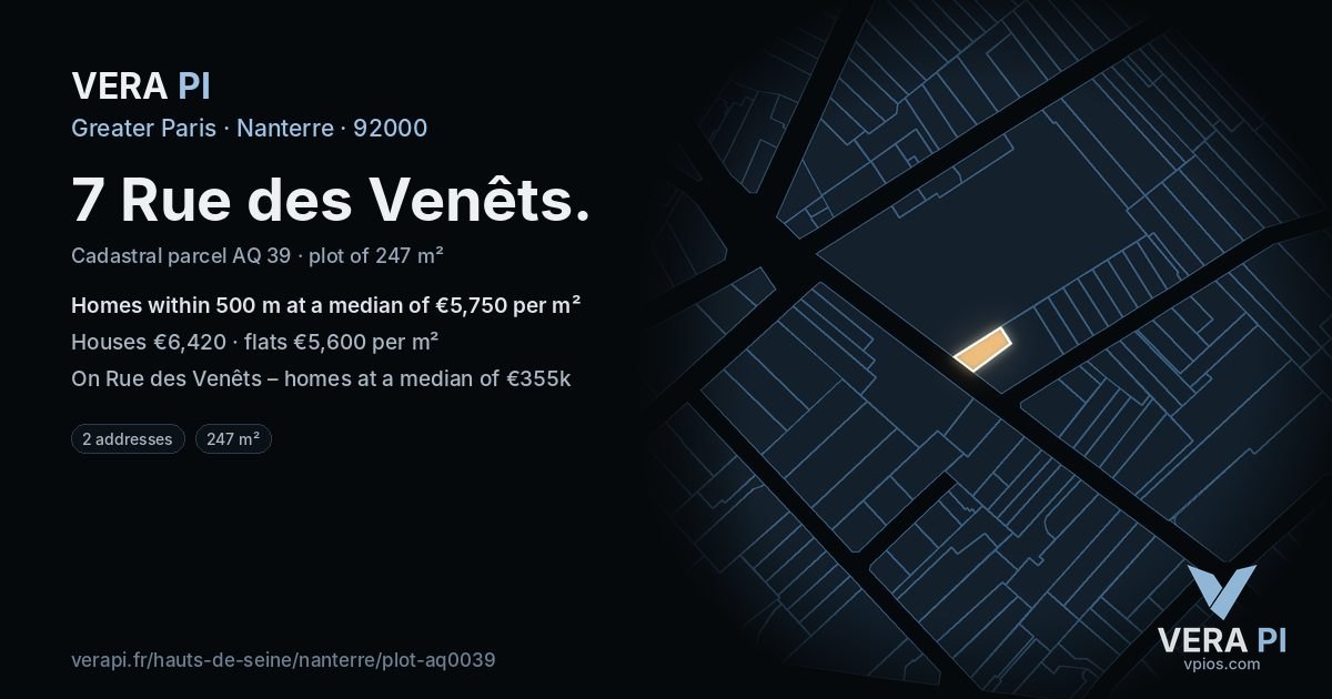 7 Rue des Venêts, Nanterre at night – the plot lit, the parcels around coloured by the prices near them