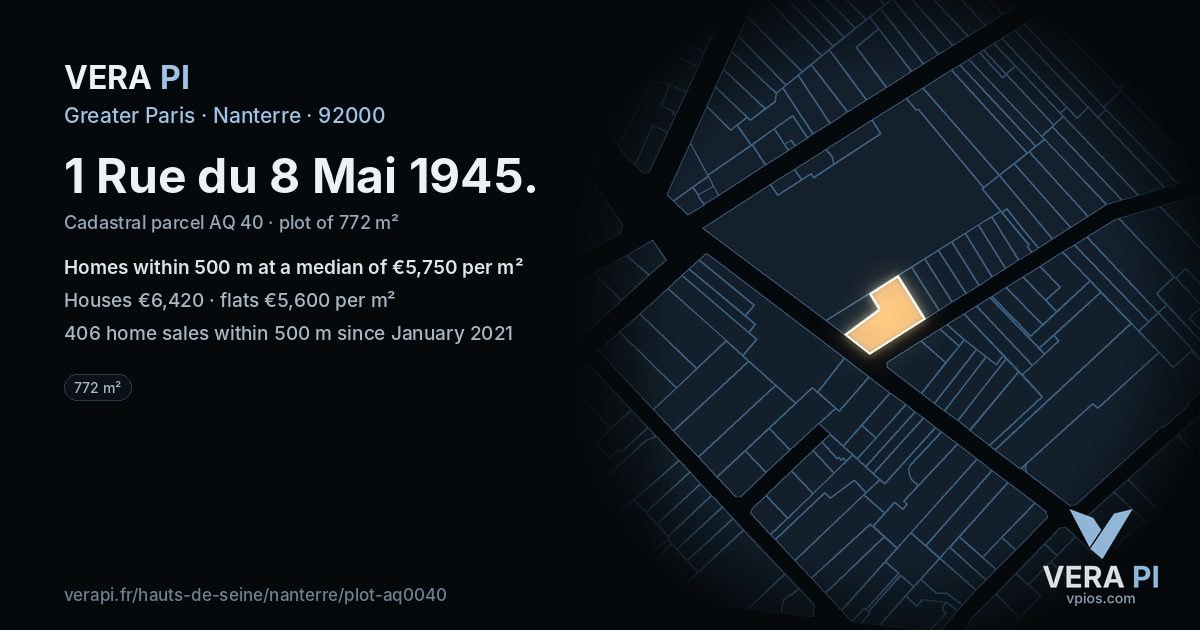 1 Rue du 8 Mai 1945, Nanterre at night – the plot lit, the parcels around coloured by the prices near them