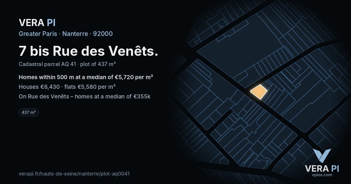 7 bis Rue des Venêts, Nanterre at night – the plot lit, the parcels around coloured by the prices near them