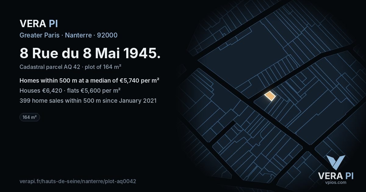 8 Rue du 8 Mai 1945, Nanterre at night – the plot lit, the parcels around coloured by the prices near them