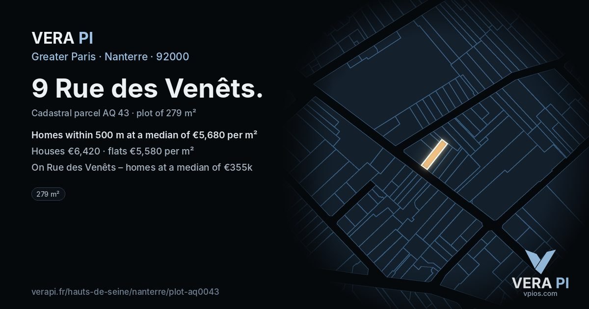 9 Rue des Venêts, Nanterre at night – the plot lit, the parcels around coloured by the prices near them