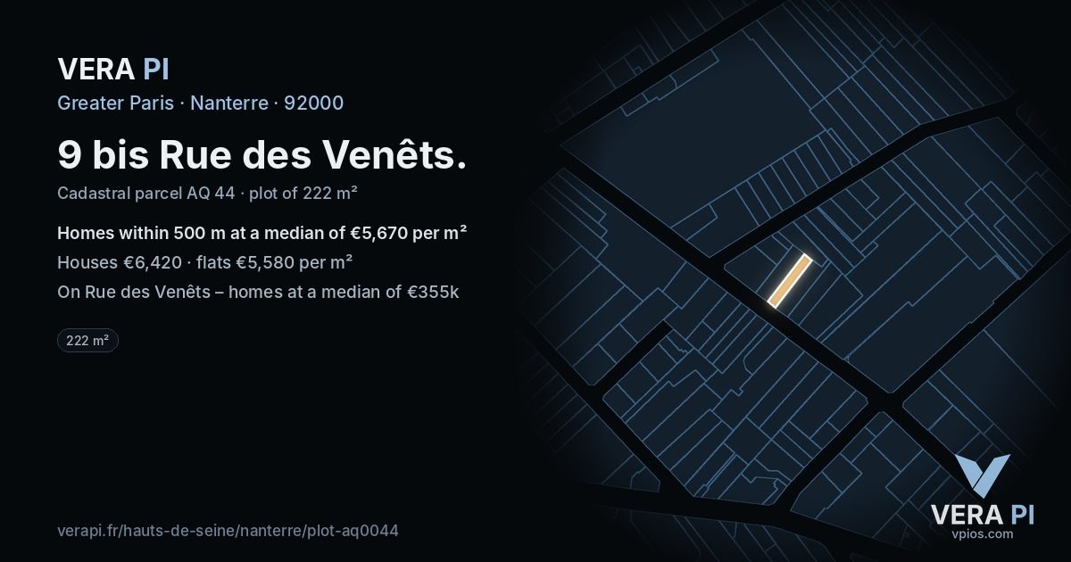 9 bis Rue des Venêts, Nanterre at night – the plot lit, the parcels around coloured by the prices near them