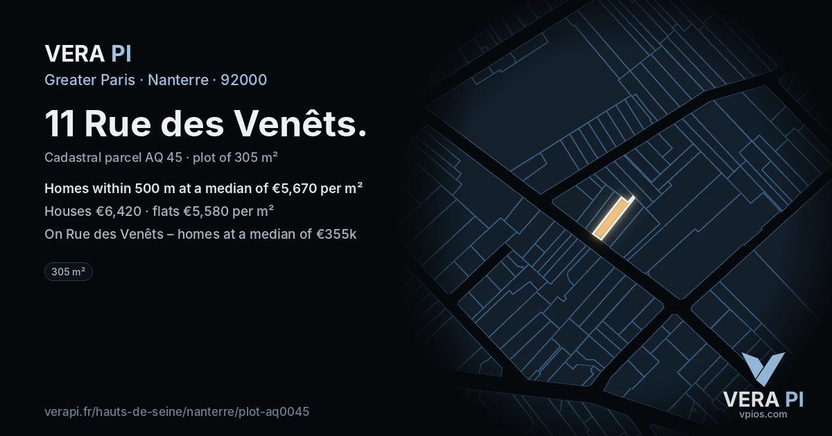 11 Rue des Venêts, Nanterre at night – the plot lit, the parcels around coloured by the prices near them