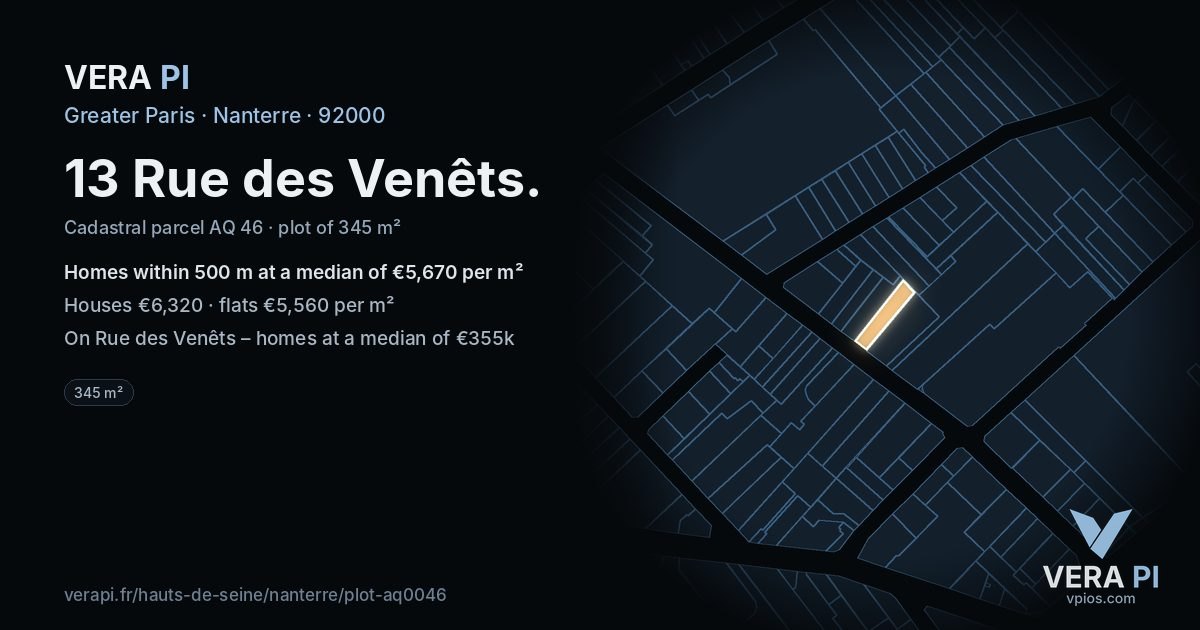 13 Rue des Venêts, Nanterre at night – the plot lit, the parcels around coloured by the prices near them