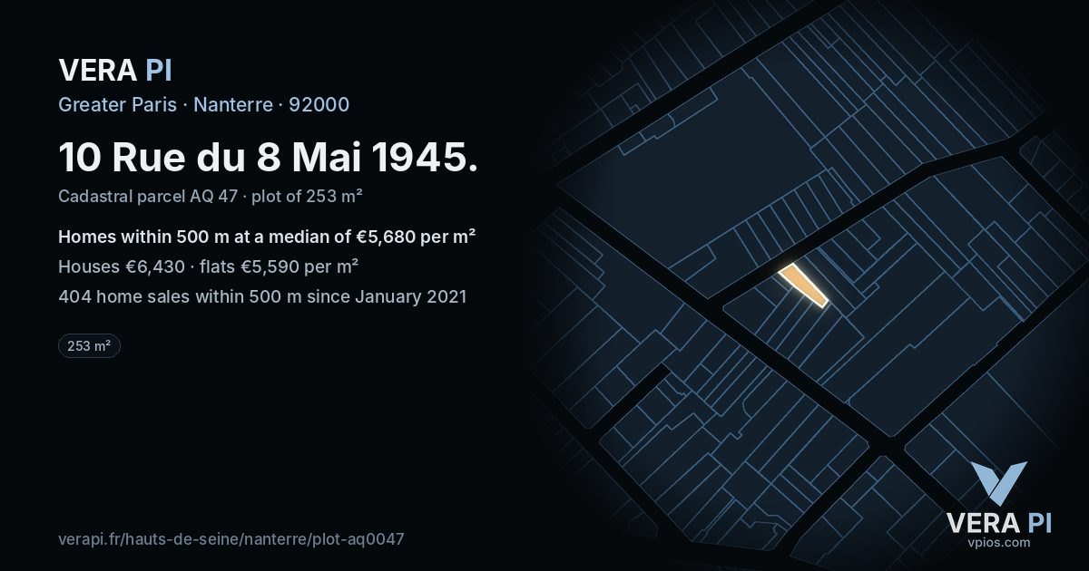 10 Rue du 8 Mai 1945, Nanterre at night – the plot lit, the parcels around coloured by the prices near them