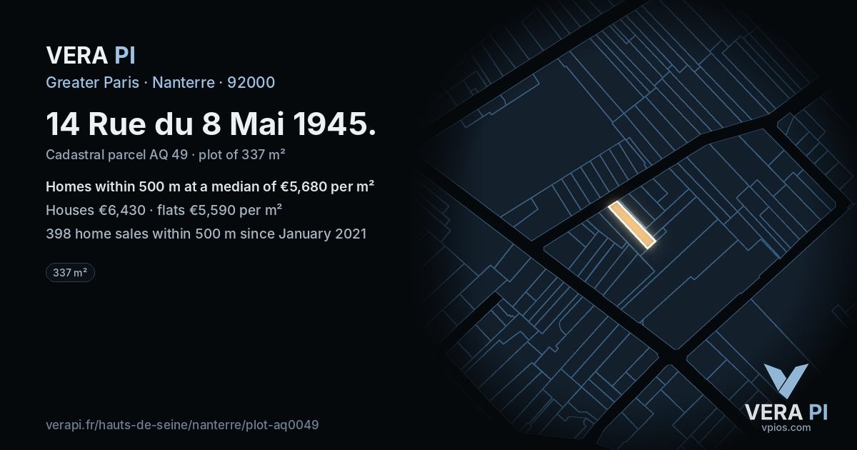14 Rue du 8 Mai 1945, Nanterre at night – the plot lit, the parcels around coloured by the prices near them