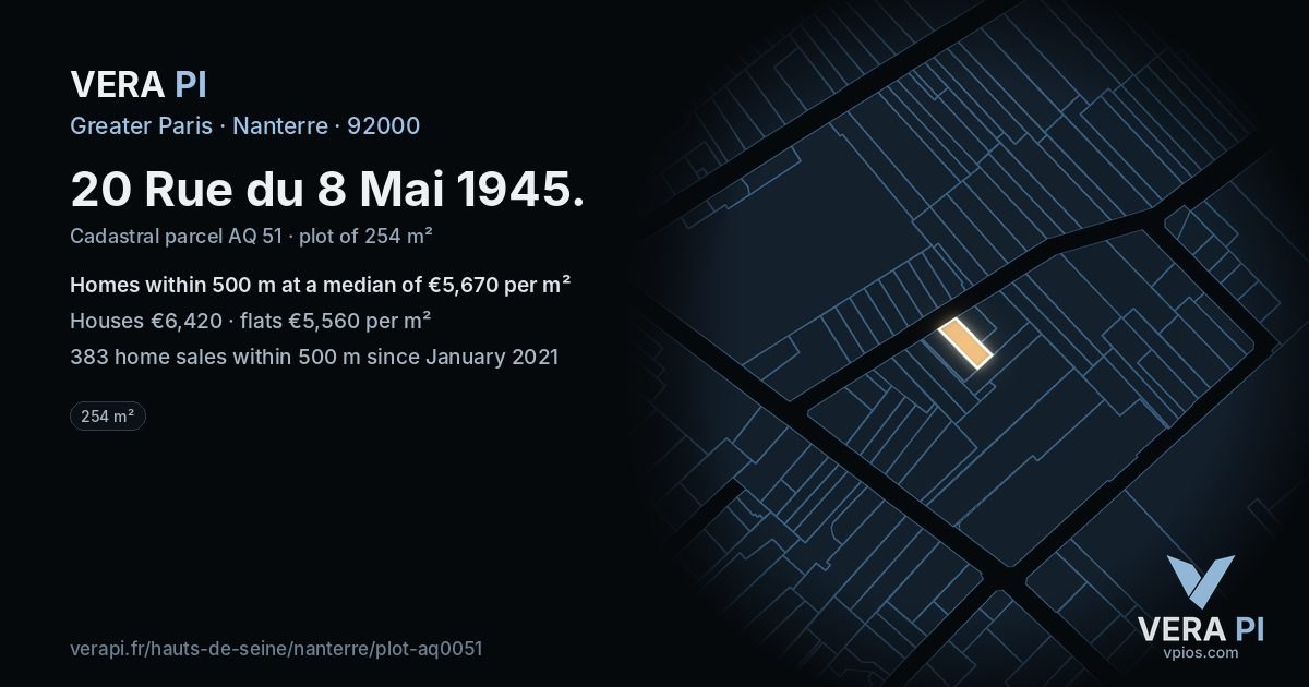 20 Rue du 8 Mai 1945, Nanterre at night – the plot lit, the parcels around coloured by the prices near them