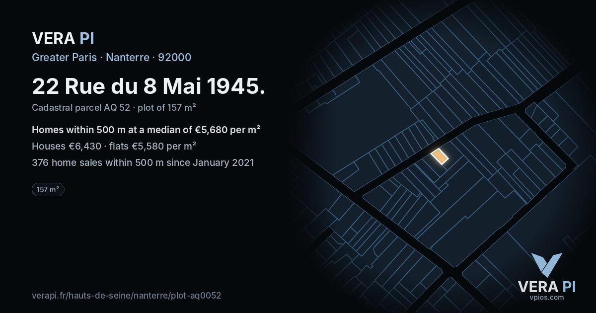 22 Rue du 8 Mai 1945, Nanterre at night – the plot lit, the parcels around coloured by the prices near them