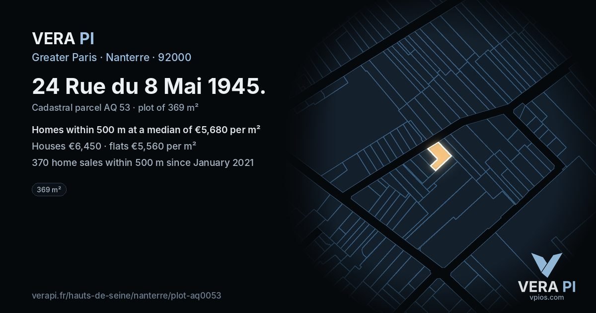 24 Rue du 8 Mai 1945, Nanterre at night – the plot lit, the parcels around coloured by the prices near them