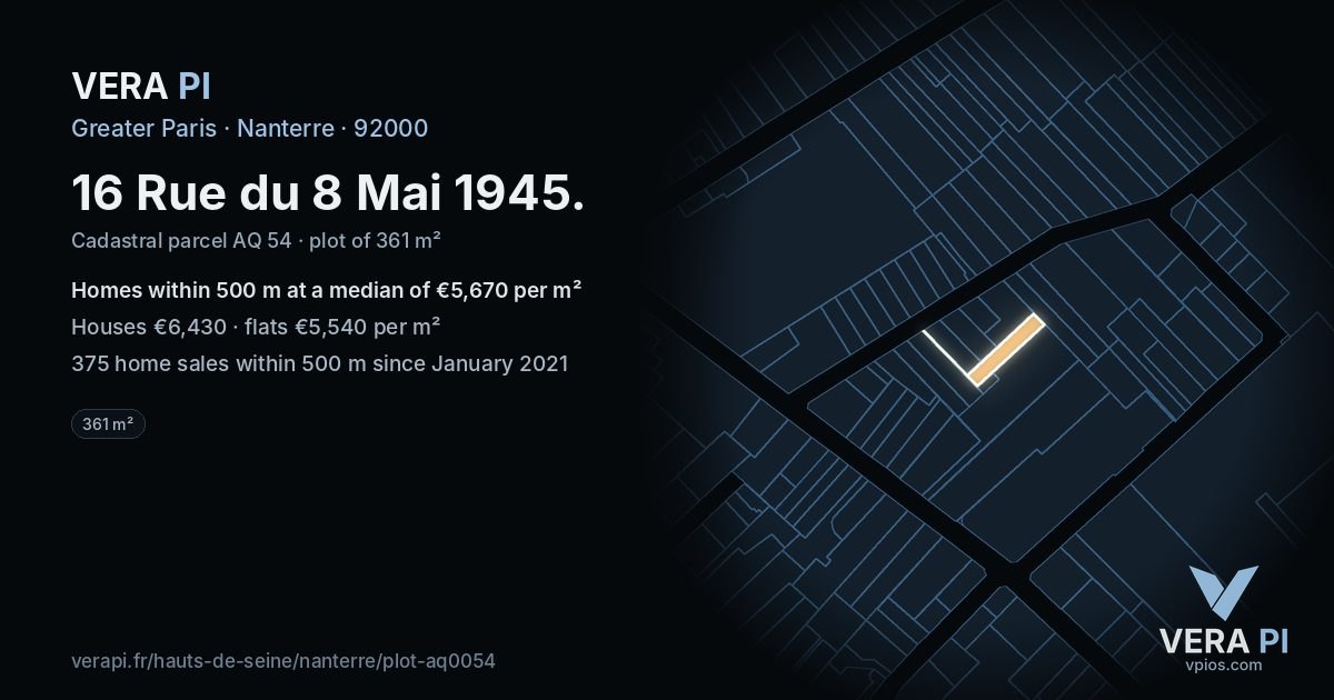 16 Rue du 8 Mai 1945, Nanterre at night – the plot lit, the parcels around coloured by the prices near them