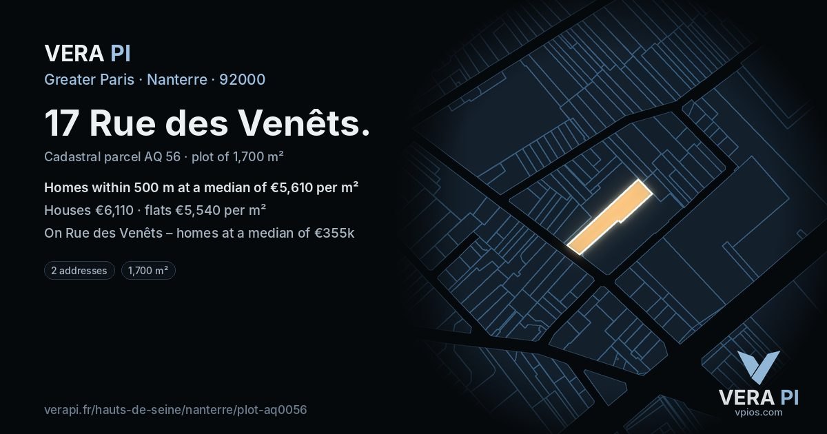 17 Rue des Venêts, Nanterre at night – the plot lit, the parcels around coloured by the prices near them