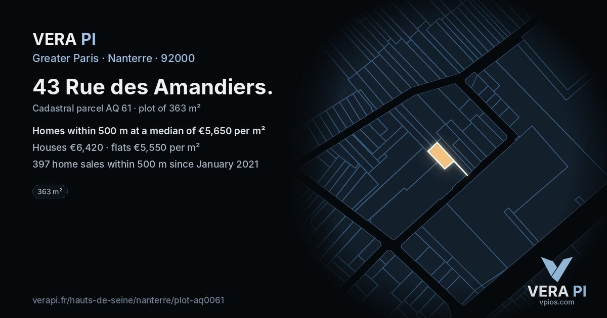 43 Rue des Amandiers, Nanterre at night – the plot lit, the parcels around coloured by the prices near them