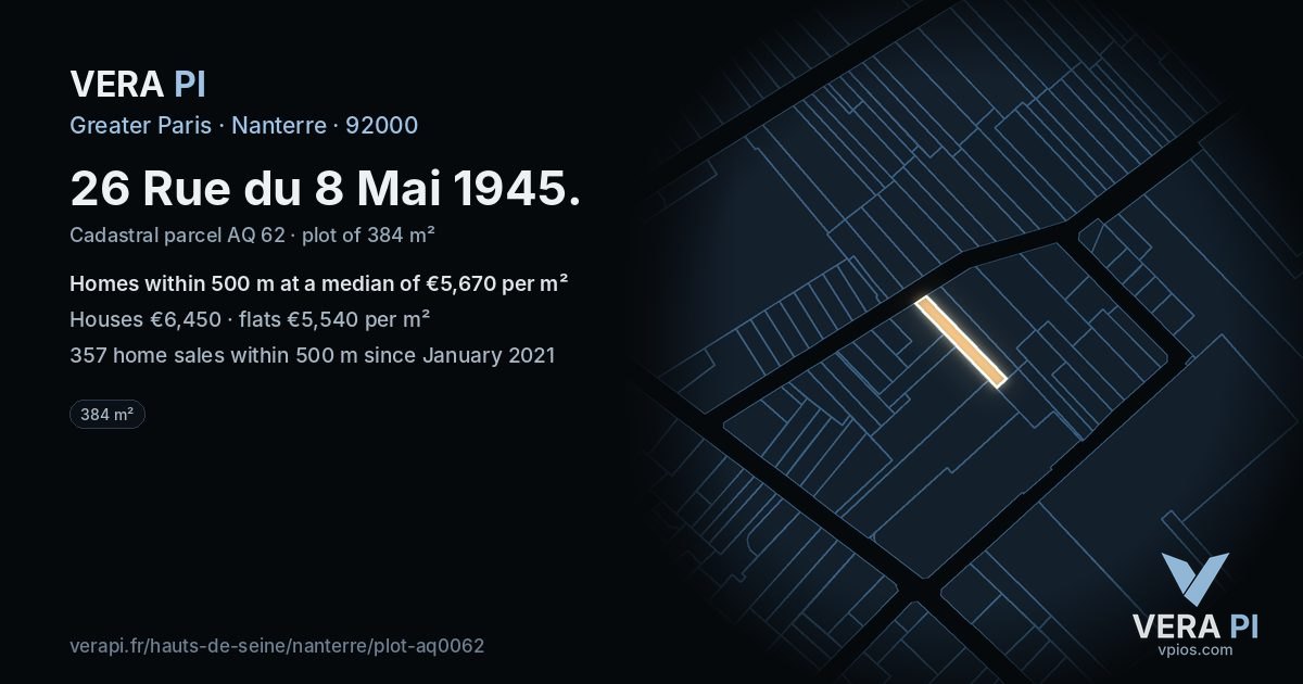 26 Rue du 8 Mai 1945, Nanterre at night – the plot lit, the parcels around coloured by the prices near them