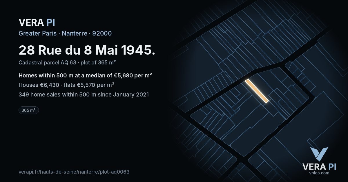 28 Rue du 8 Mai 1945, Nanterre at night – the plot lit, the parcels around coloured by the prices near them