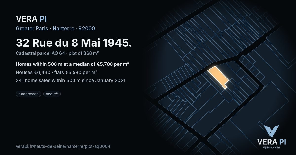32 Rue du 8 Mai 1945, Nanterre at night – the plot lit, the parcels around coloured by the prices near them