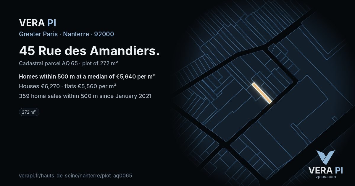 45 Rue des Amandiers, Nanterre at night – the plot lit, the parcels around coloured by the prices near them