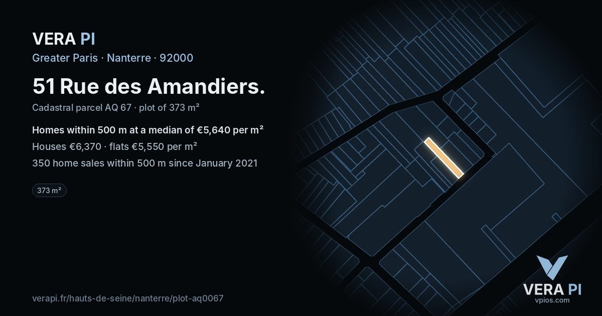 51 Rue des Amandiers, Nanterre at night – the plot lit, the parcels around coloured by the prices near them